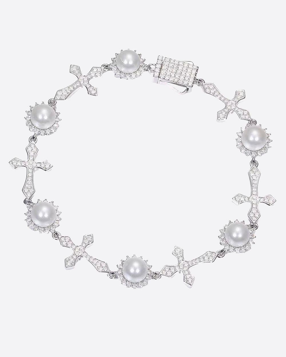 MOISSANITE ICY CROSSES & PEARLS BRACELET. - WHITE GOLD - DRIP IN THE JEWEL
