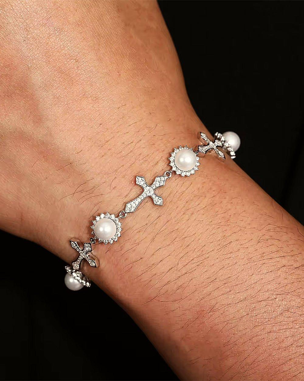 MOISSANITE ICY CROSSES & PEARLS BRACELET. - WHITE GOLD - DRIP IN THE JEWEL